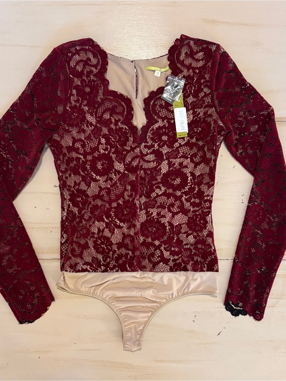 Gianni Bini Burgundy Lace Long-Sleeve Bodysuit with Nude Lining